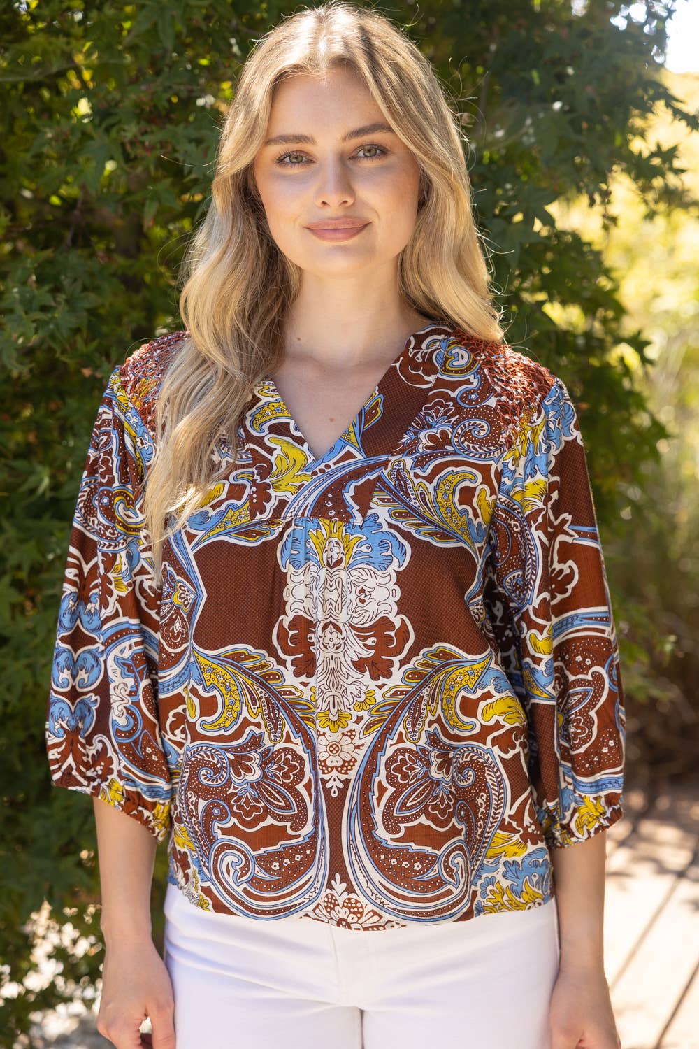 Voy Smocked Shoulder Detail Paisley Print Top