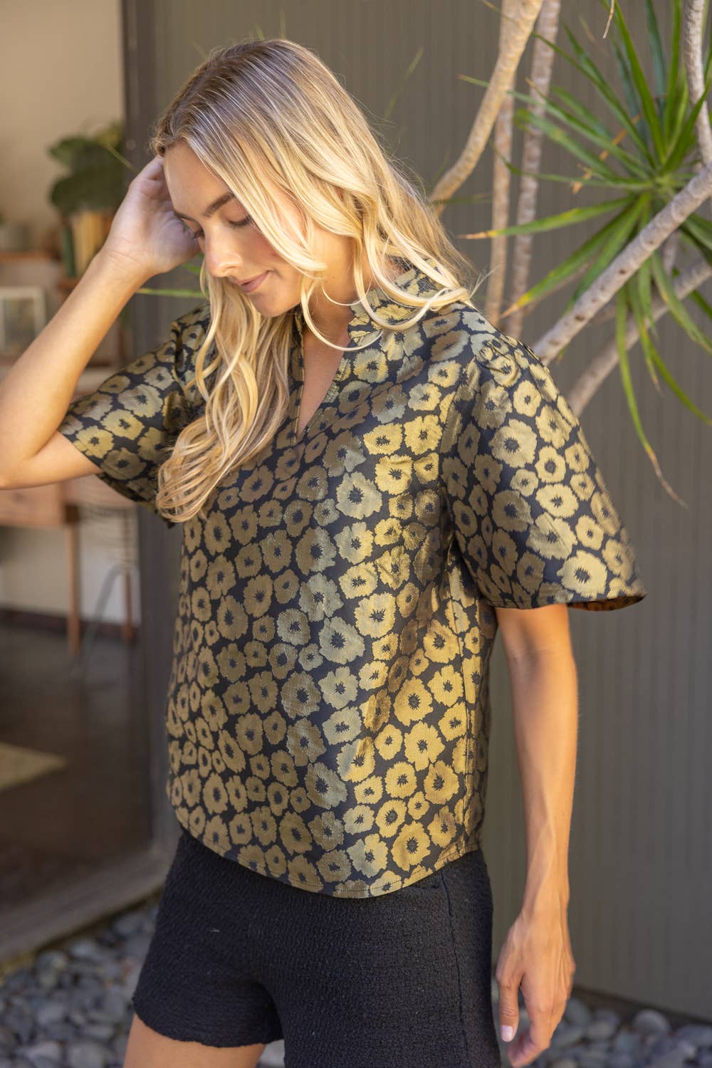 Voy  Short Sleeve Ruffle Neck Gold Floral Jacquard Top