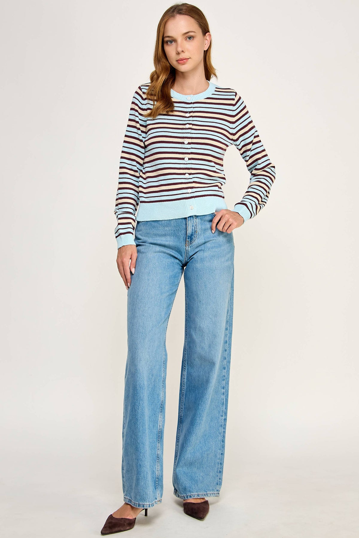 Ellison Multi Color Striped Crew Neck Cardigan Light Blue