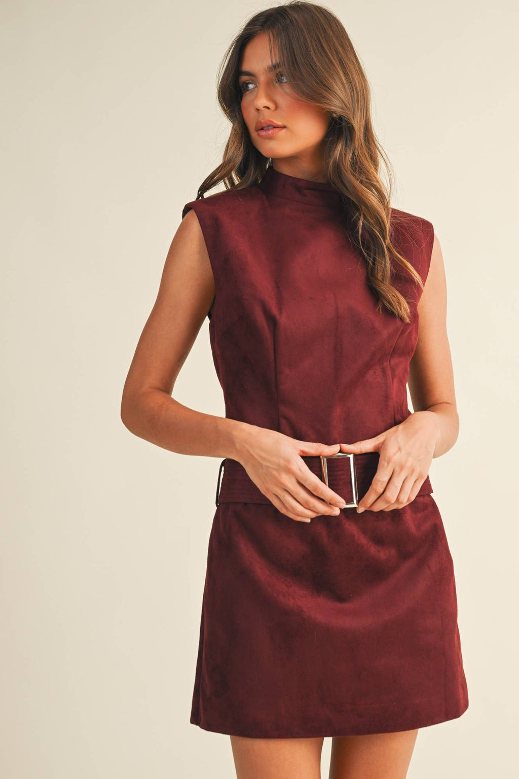 Mustard Seed - Belted Suede Mock Neck Dress