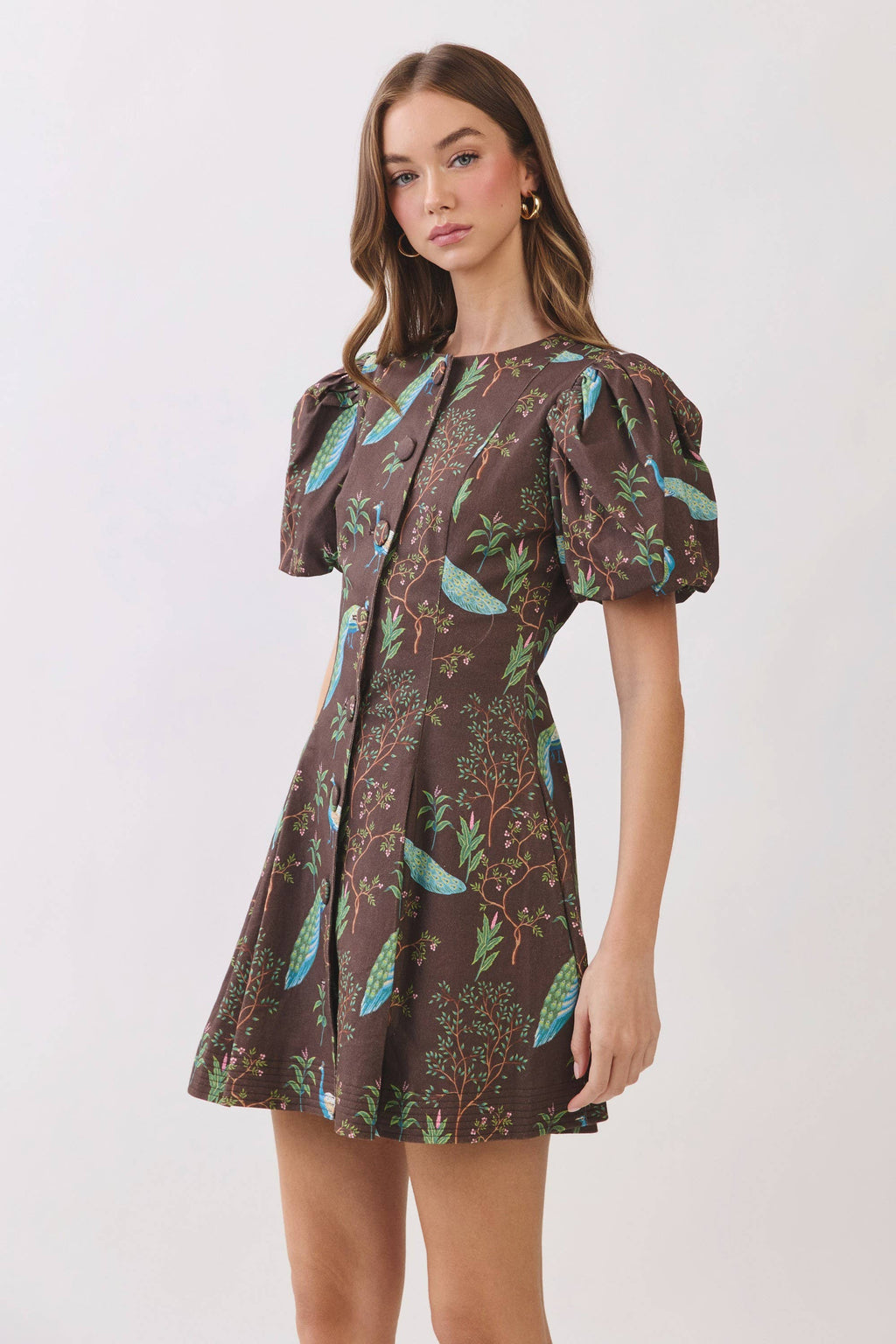 TCEC -  Peacock  Print Puff Sleeve Button Down Mini Dress