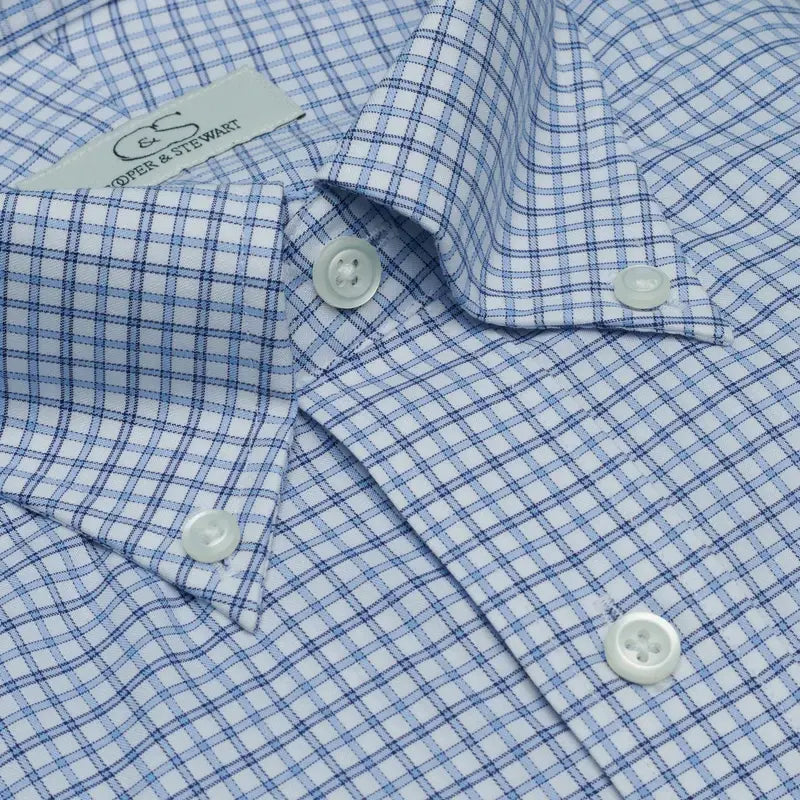 Cooper & Stewart White Ground Plaid Blue Tailored Fit Button Down Collar