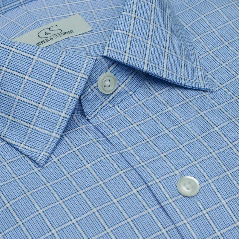 Cooper & Stewart Blue Overlay Check Tailored Fit Spread Collar