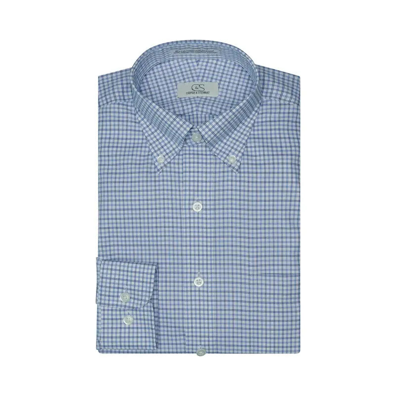 Cooper & Stewart White Ground Plaid Blue Tailored Fit Button Down Collar