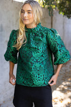 Voy Bubble Sleeve Tie Back Floral Jacqaurd Top