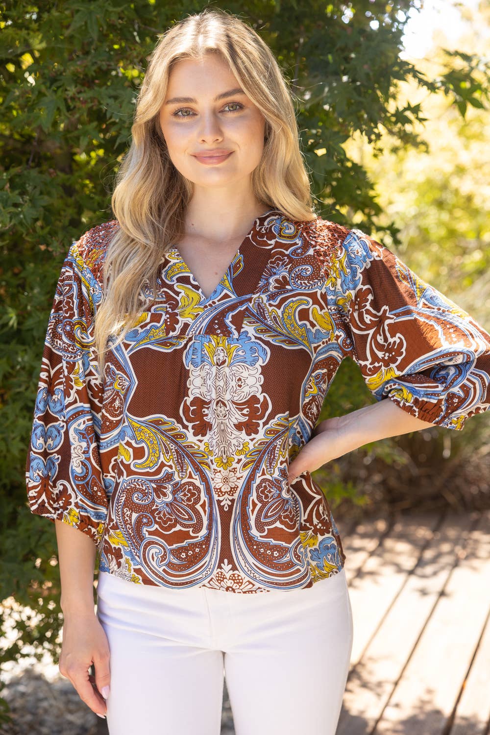 Voy Smocked Shoulder Detail Paisley Print Top