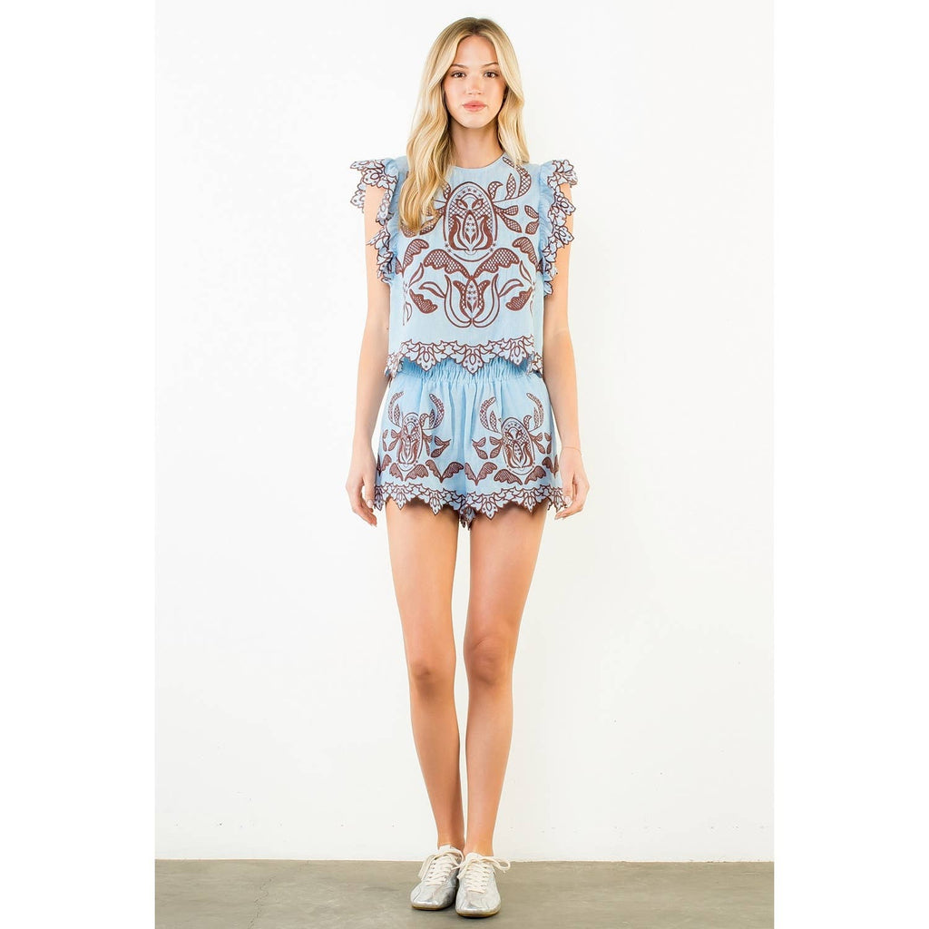 THML - Embroidered Elastic Waist Scallop Shorts