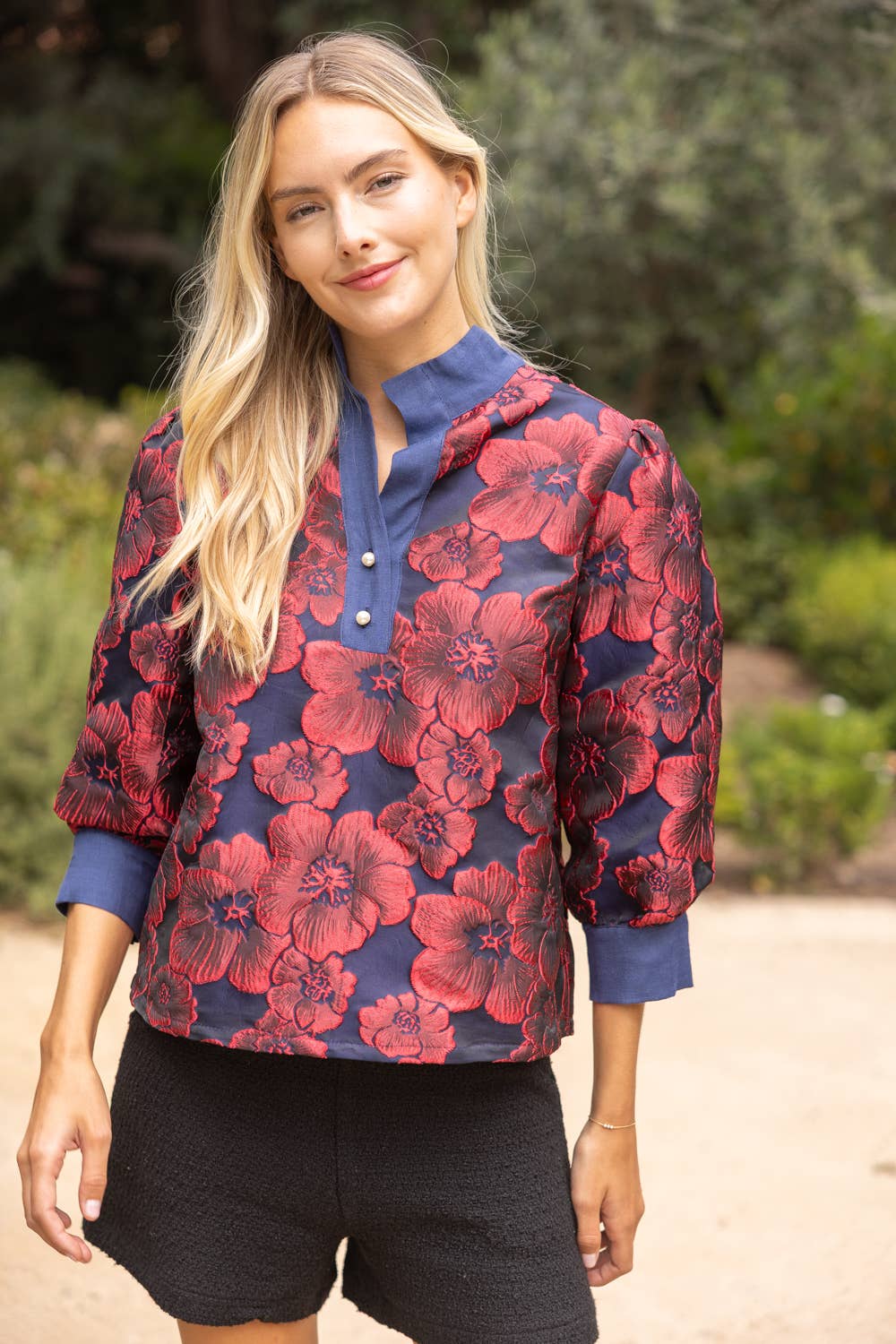 Voy Half Pearl Button Down Floral Jacquard Top