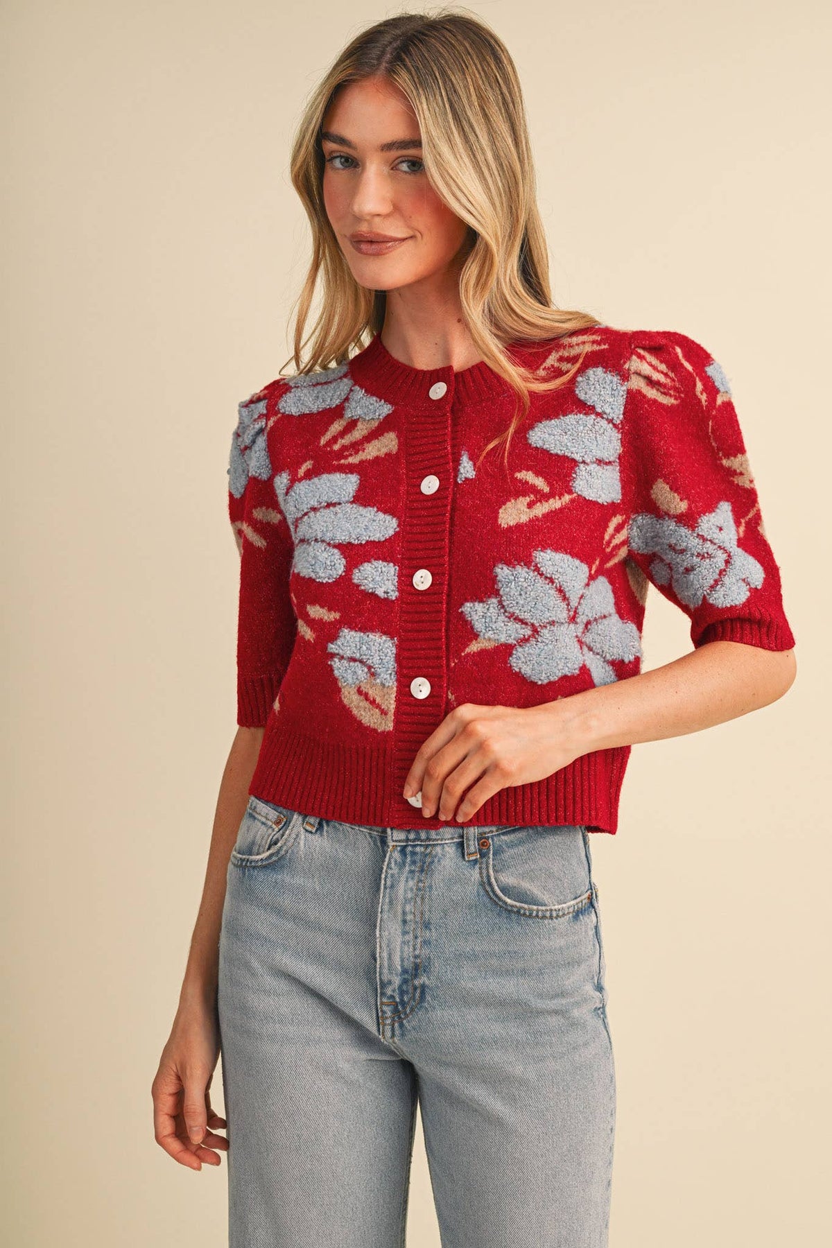 & Merci Floral Knit Short Puff Sleeve Sweater