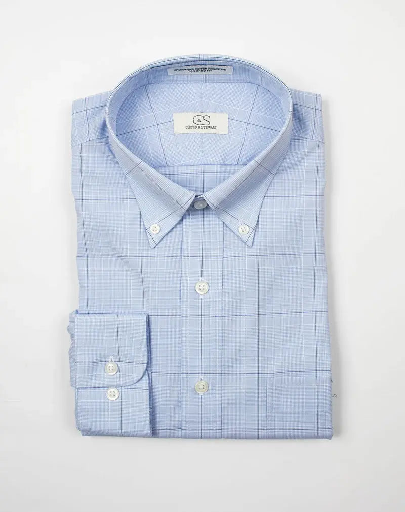 Cooper & Stewart Blue Ground Square Box Check Tailored Fit Button Down Collar
