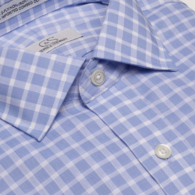 Cooper & Stewart Blue Text Dobby Check Tailored Fit Spread Collar