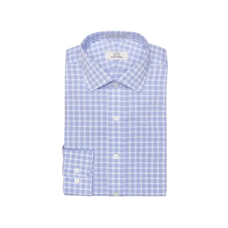 Cooper & Stewart Blue Text Dobby Check Tailored Fit Spread Collar