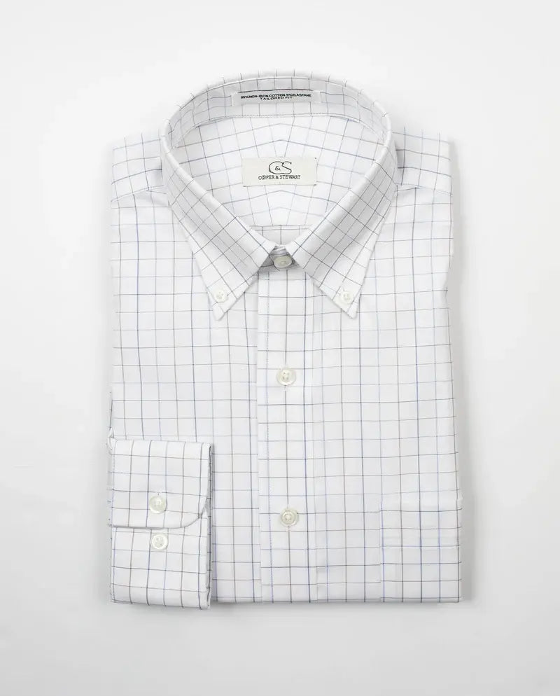 Cooper & Stewart White Ground Blue/Tan Check Button Down Collar