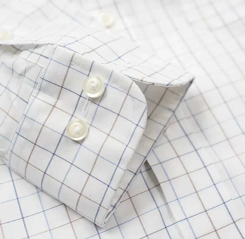 Cooper & Stewart White Ground Blue/Tan Check Button Down Collar