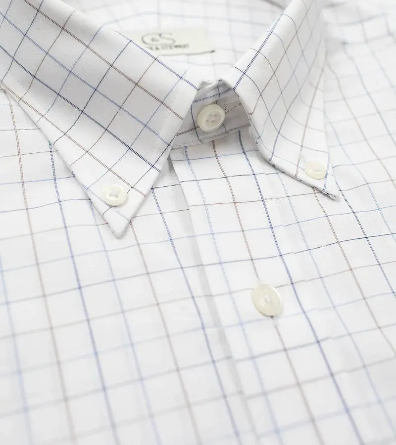 Cooper & Stewart White Ground Blue/Tan Check Button Down Collar