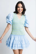 Karlie Solid Poplin V-Neck Smock Contrast Stitch Dress