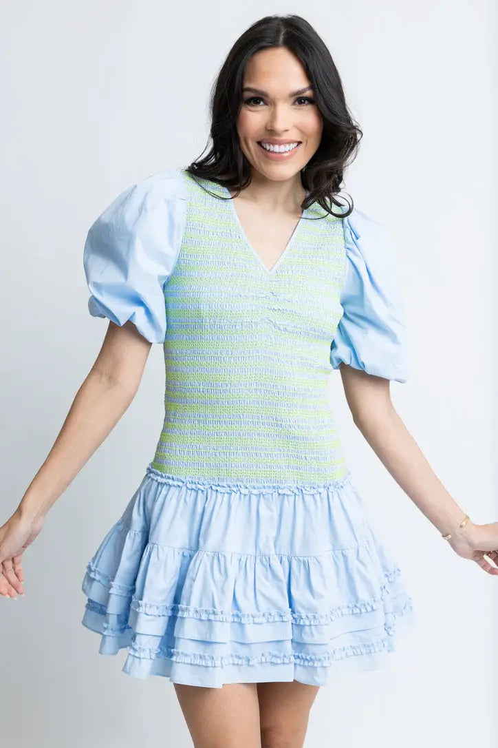 Karlie Solid Poplin V-Neck Smock Contrast Stitch Dress