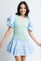Karlie Solid Poplin V-Neck Smock Contrast Stitch Dress