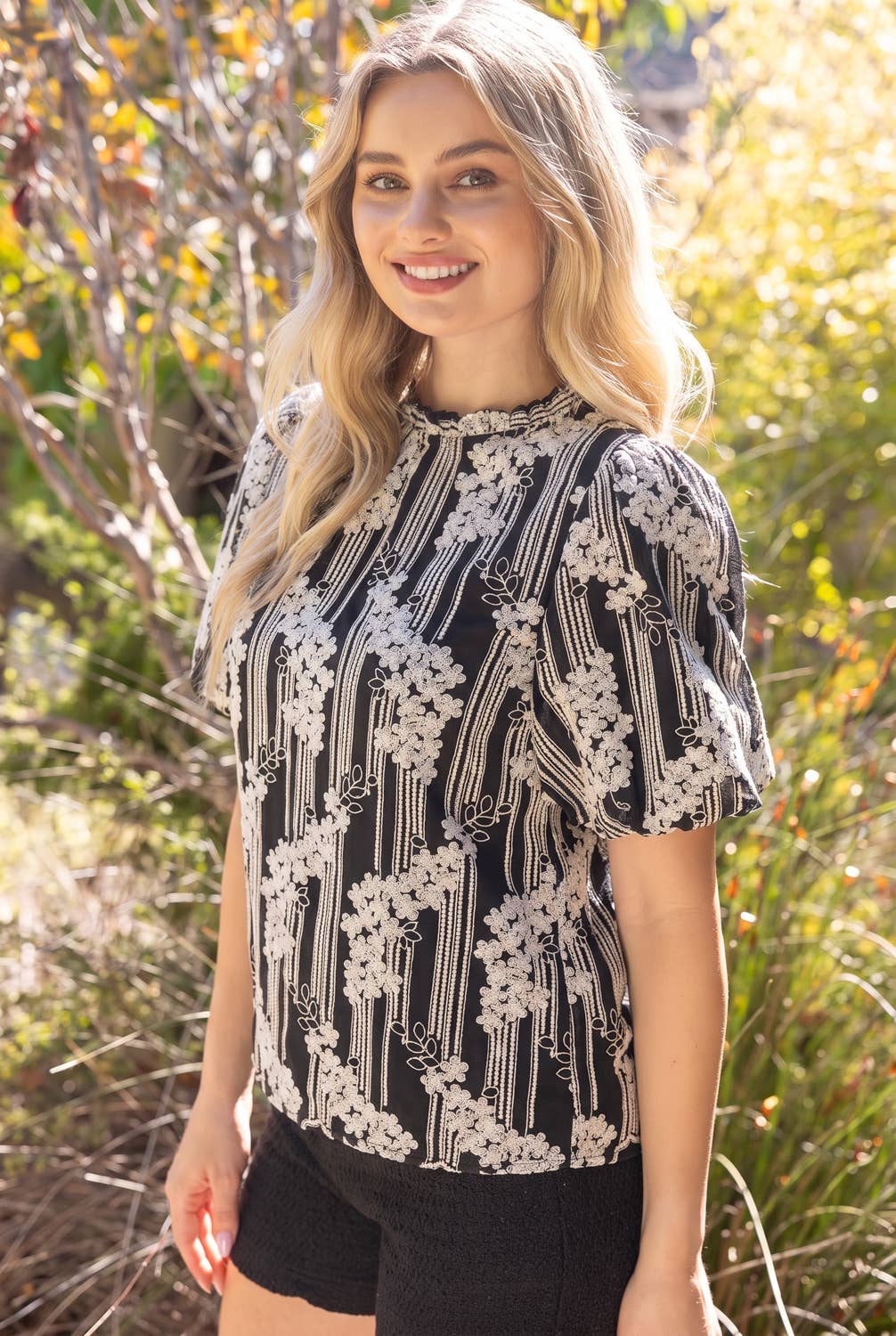 Voy Ruffle Neck Floral Embroidered Polkadot Top