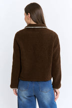 Camellia   Sherpa Fleece Zip-Up Jacket Contrast Trim