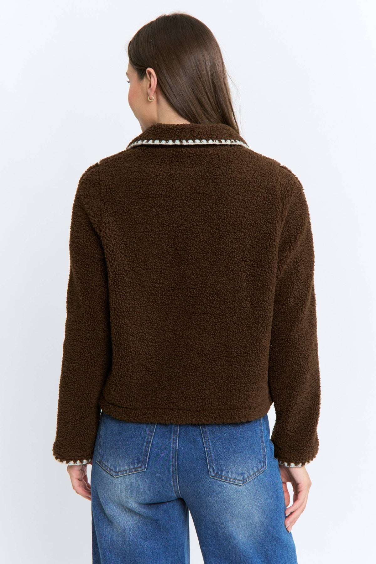 Camellia   Sherpa Fleece Zip-Up Jacket Contrast Trim