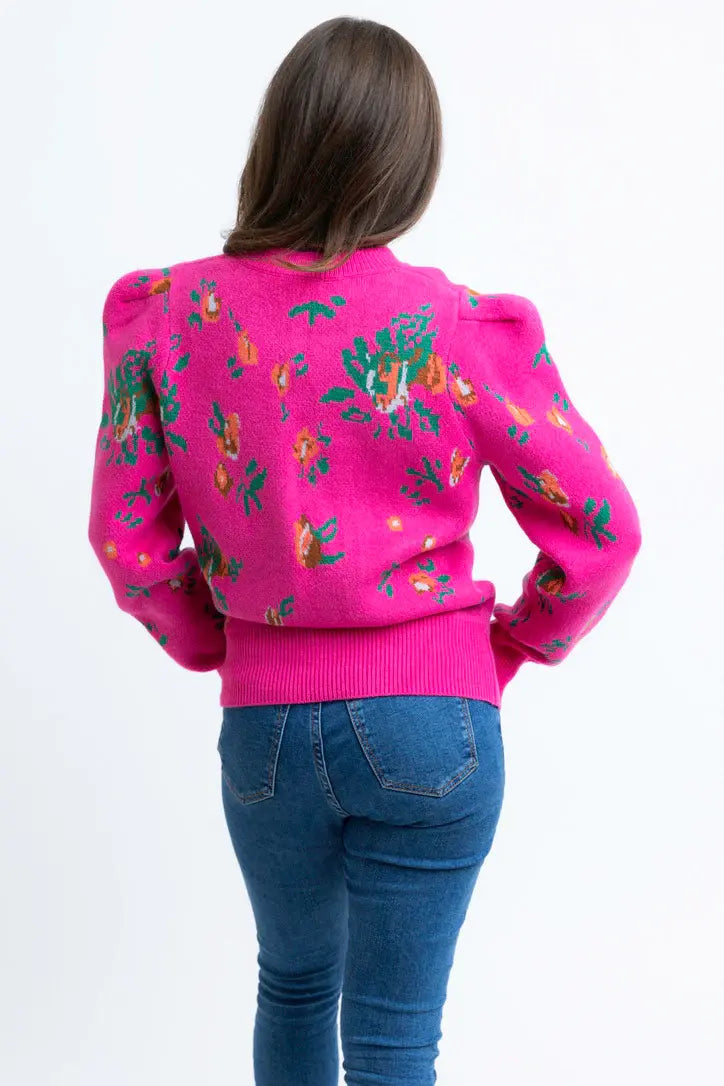 Karlie Floral Puff Sleeve Crew Sweater