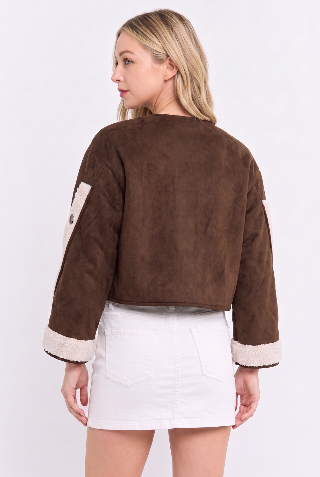 Camellia  Button-Front Cape Jacket with Shearling Details