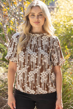 Voy Ruffle Neck Floral Embroidered Polkadot Top