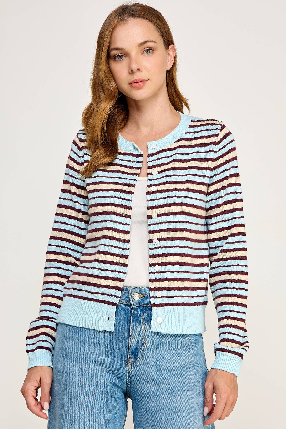 Ellison Multi Color Striped Crew Neck Cardigan Light Blue