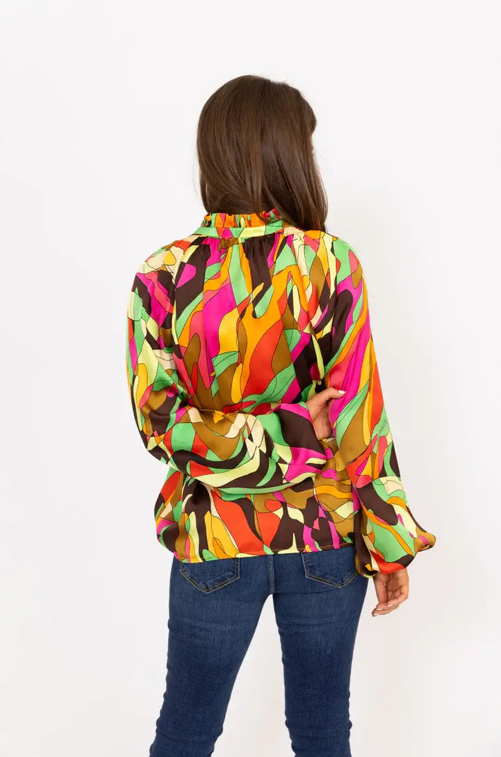 Karlie Abstract Satin V-Neck Top