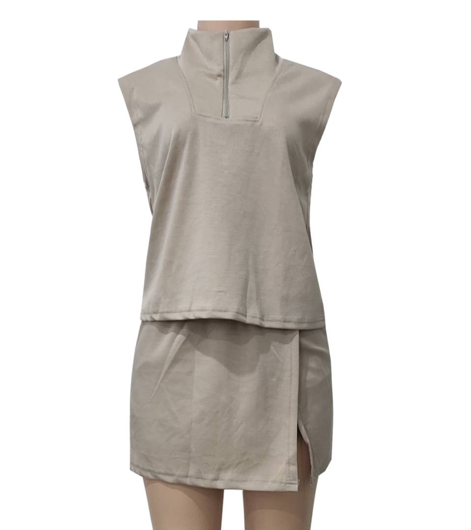 Rosa Clothing Collar Sleeveless Top & Side Slit Mini Skort Casual Set