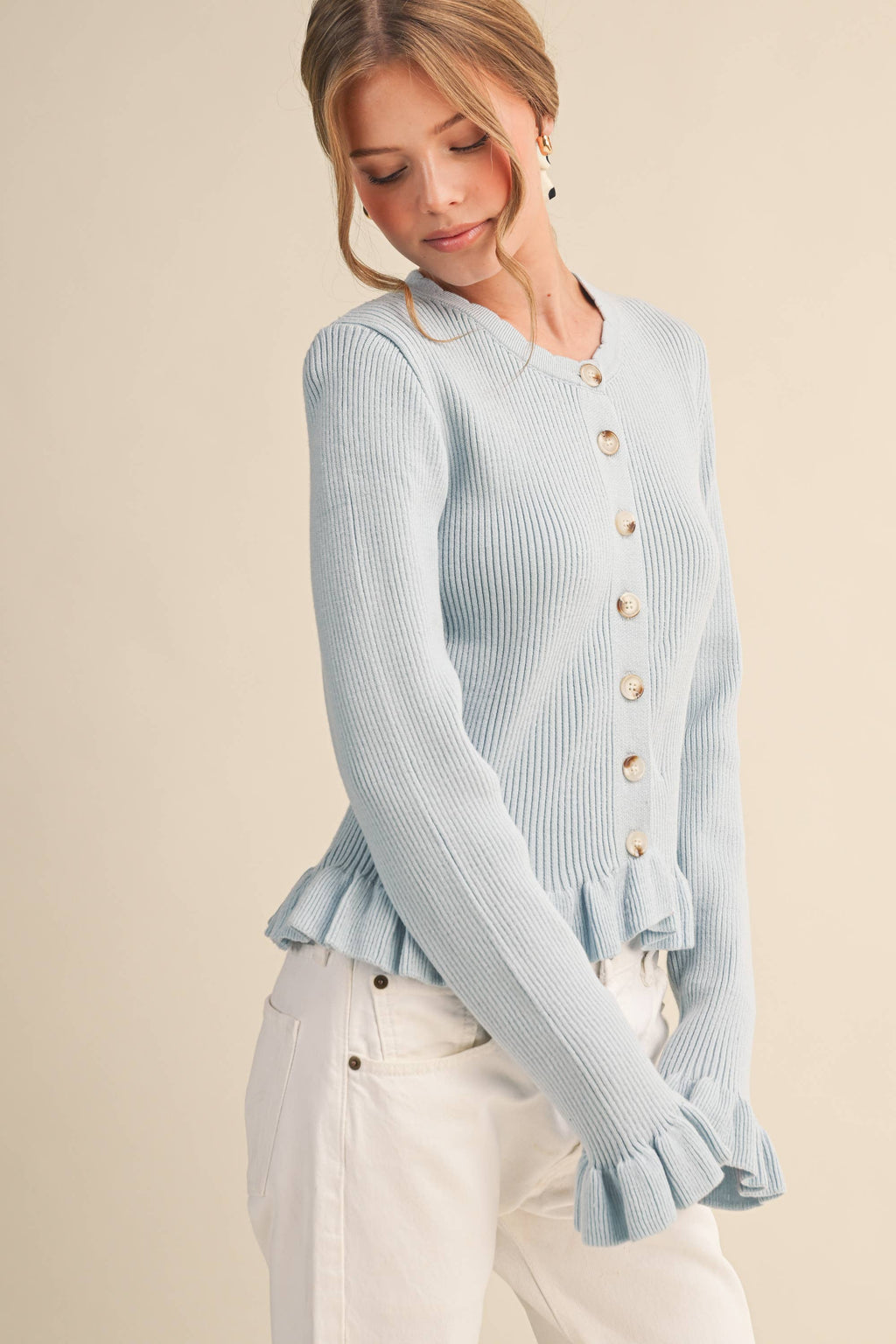 &MERCI - Ruffle Hem Ribbed Knit Sweater Cardigan