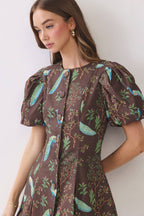 TCEC -  Peacock  Print Puff Sleeve Button Down Mini Dress