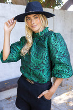 Voy Bubble Sleeve Tie Back Floral Jacqaurd Top