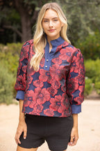Voy Half Pearl Button Down Floral Jacquard Top