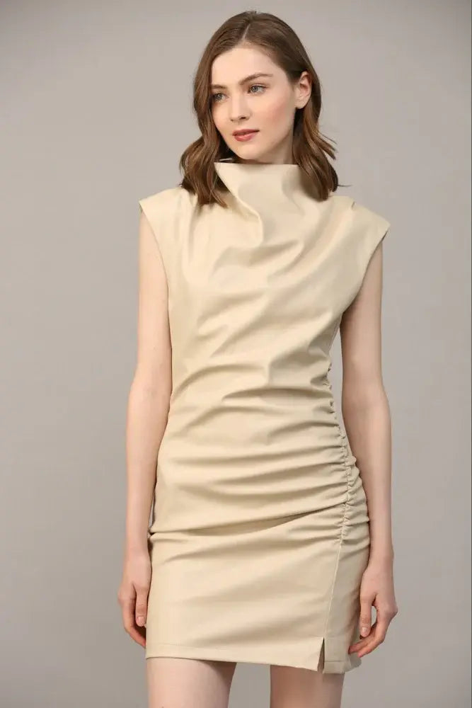 Fate by LFD Ruched Detail Cowl Neck Faux Leather Dress