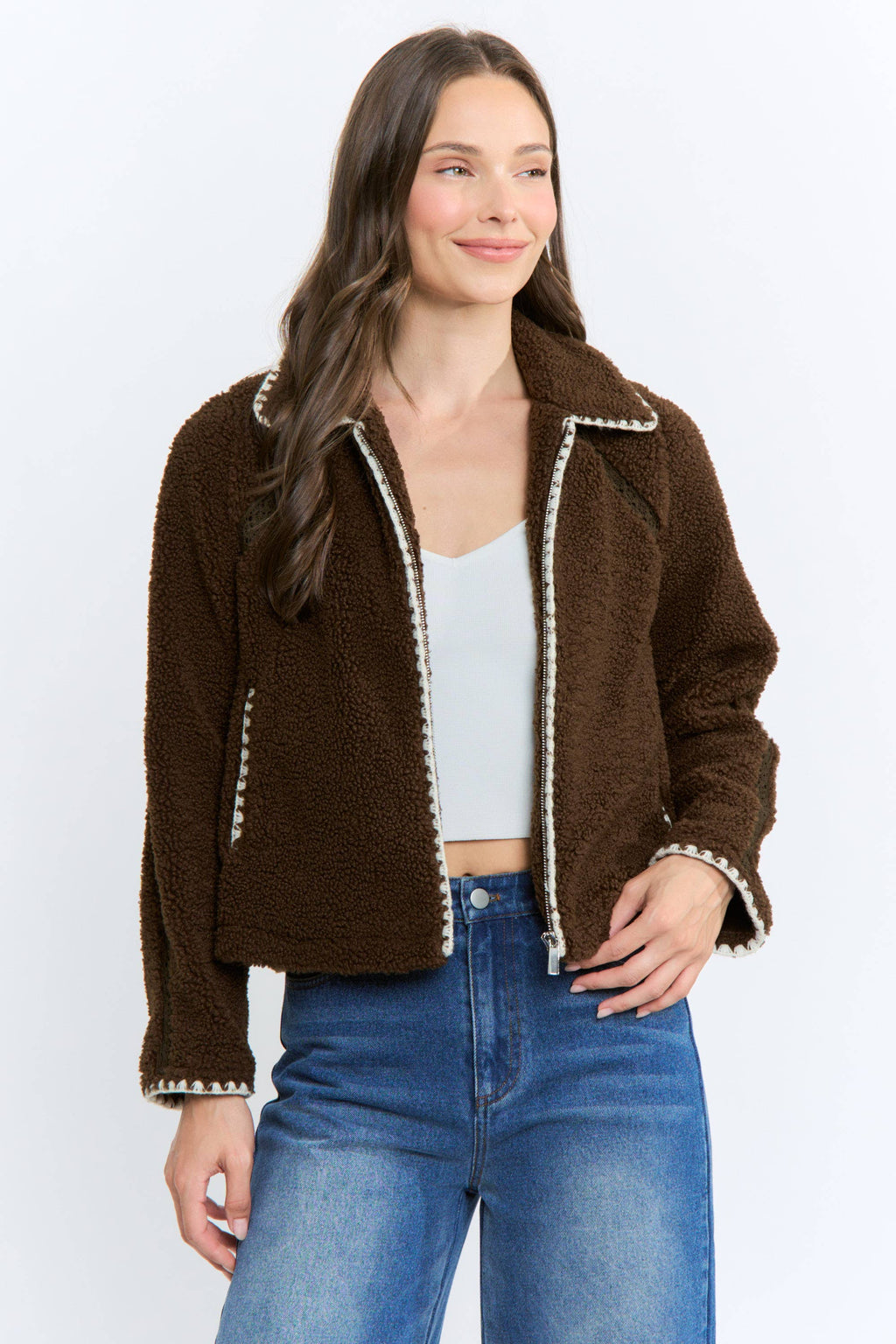 Camellia   Sherpa Fleece Zip-Up Jacket Contrast Trim