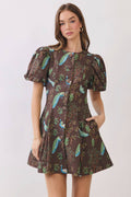TCEC -  Peacock  Print Puff Sleeve Button Down Mini Dress