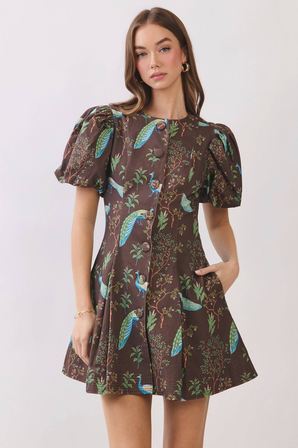 TCEC -  Peacock  Print Puff Sleeve Button Down Mini Dress