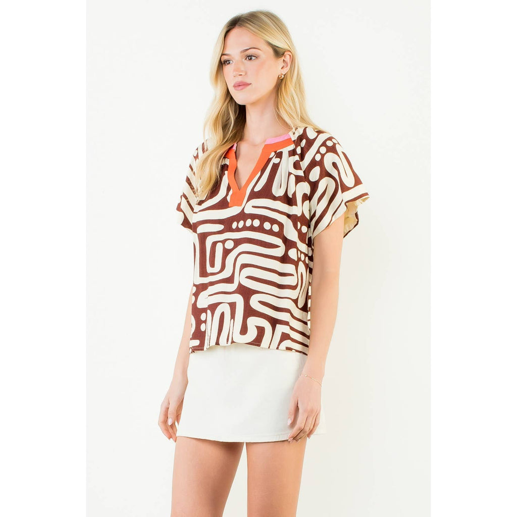 THML - Short Sleeve Pattern V-Neck Top