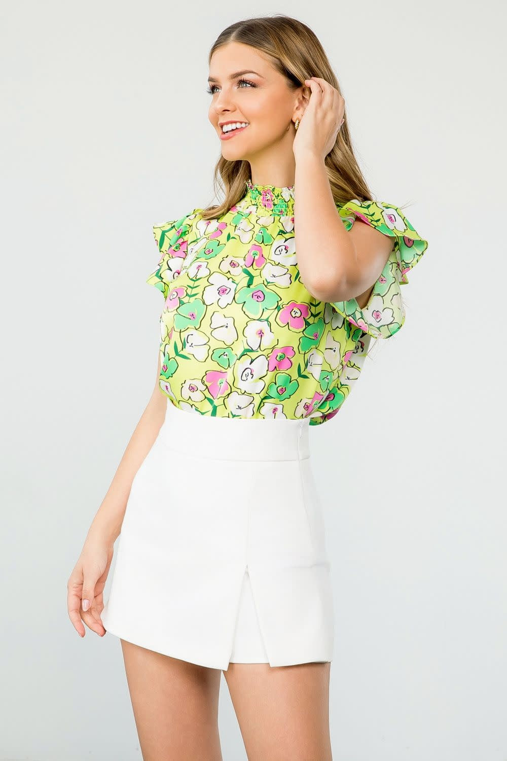 THML Flower Print Flutter Sleeve Blouse