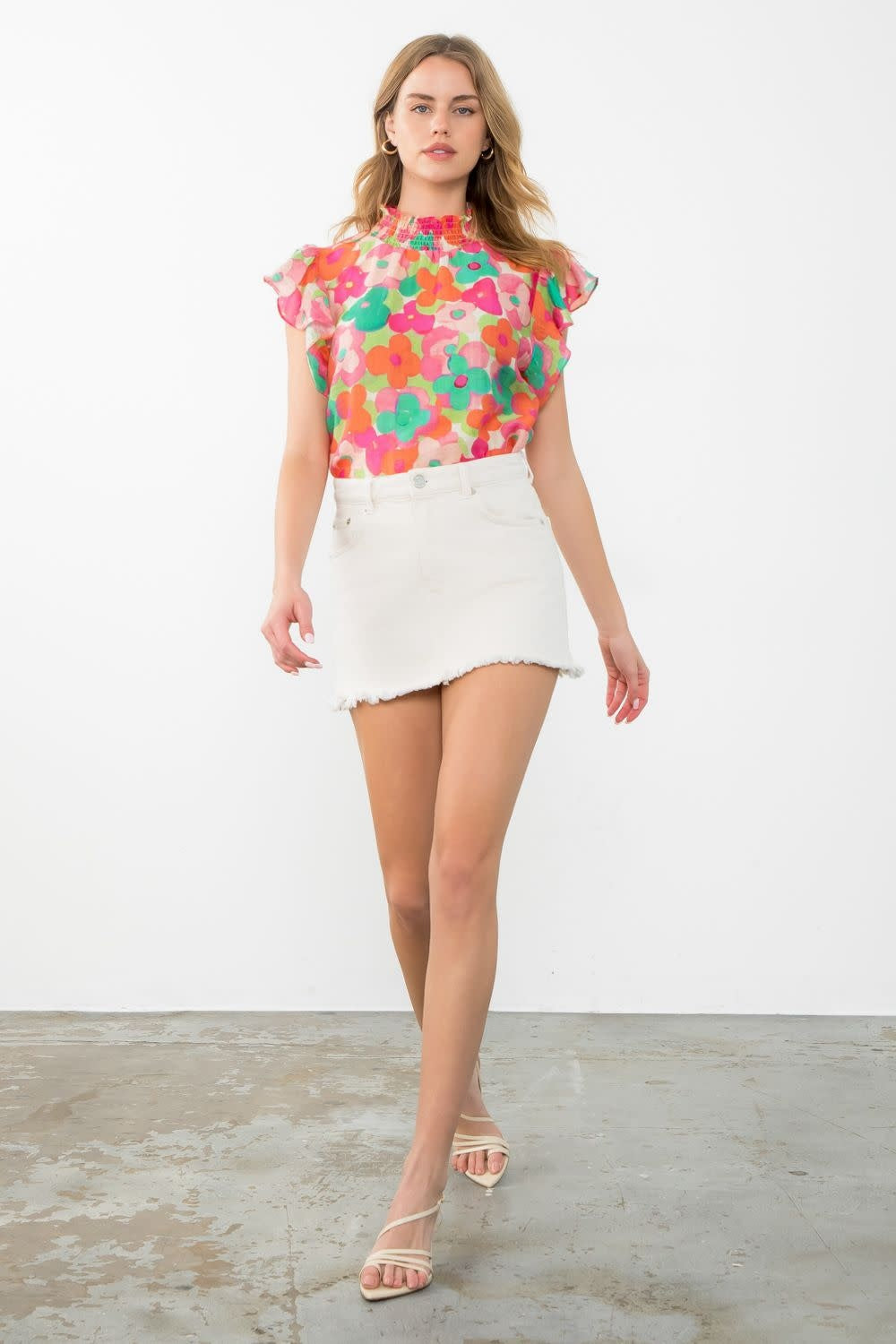 THML Mock Neck Flower Print Top