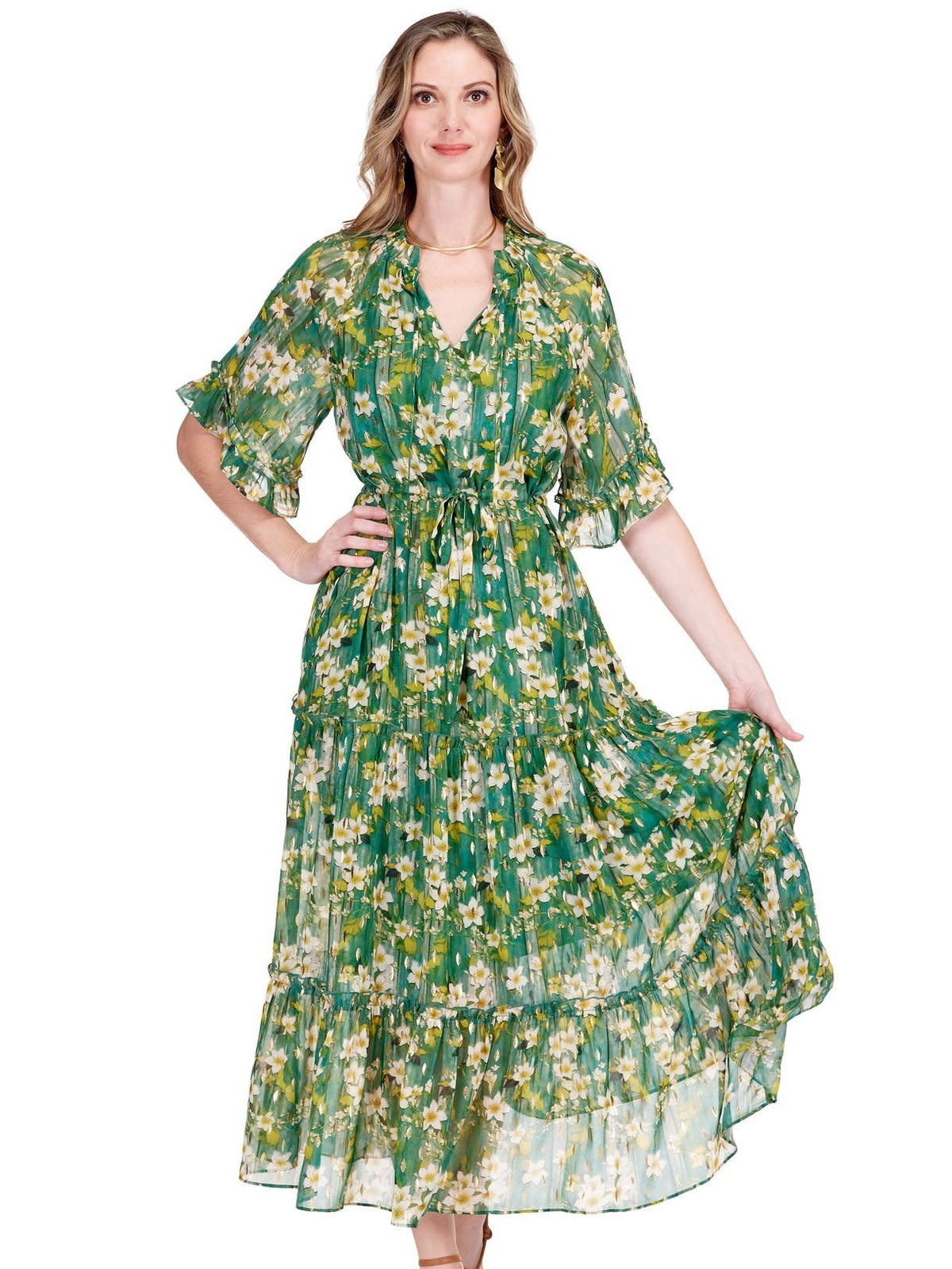 Jade Melody Tam Ruffles Cinched Waist Maxi Dress