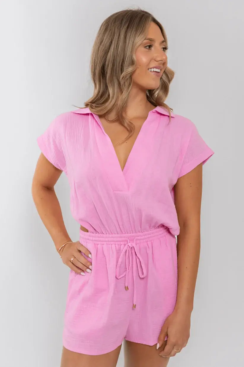 Karlie Solid Gauze V-Neck Keyhole Back Romper