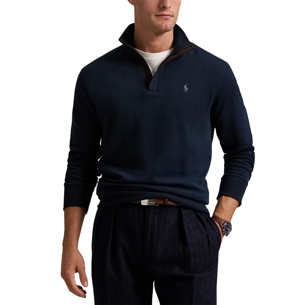 Long-Sleeve Double Knit Jersey 1/2 Zip Pullover W/ Suede Placket - Solid