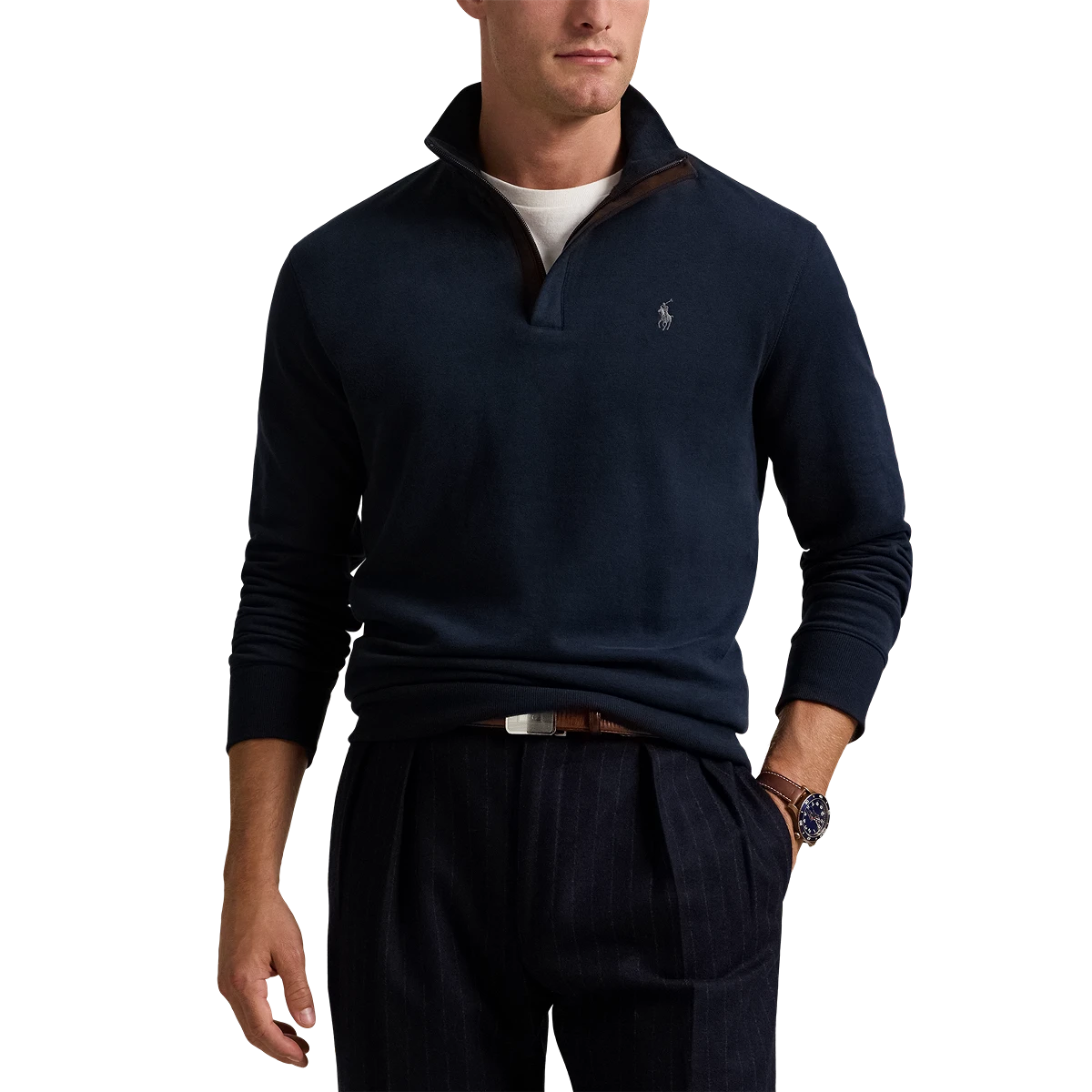 Long-Sleeve Double Knit Jersey 1/2 Zip Pullover W/ Suede Placket - Solid