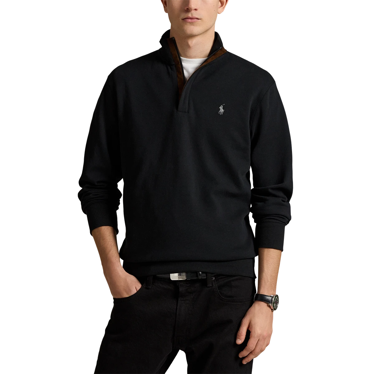 Long-Sleeve Double Knit Jersey 1/2 Zip Pullover W/ Suede Placket - Solid