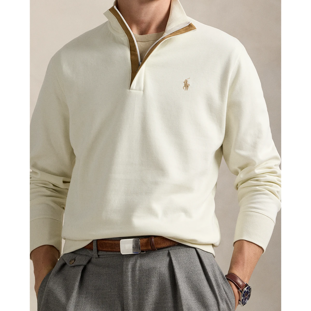 Long-Sleeve Double Knit Jersey 1/2 Zip Pullover W/ Suede Placket - Solid