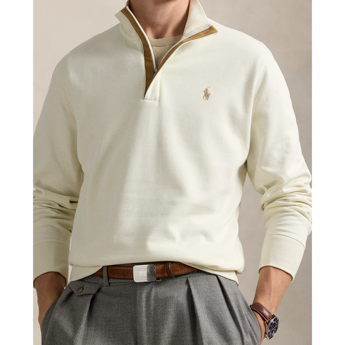 Long-Sleeve Double Knit Jersey 1/2 Zip Pullover W/ Suede Placket - Solid