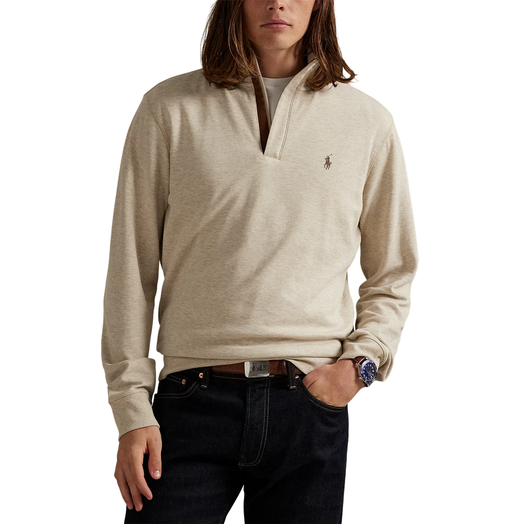 Long-Sleeve Double Knit Jersey 1/2 Zip Pullover W/ Suede Placket - Solid